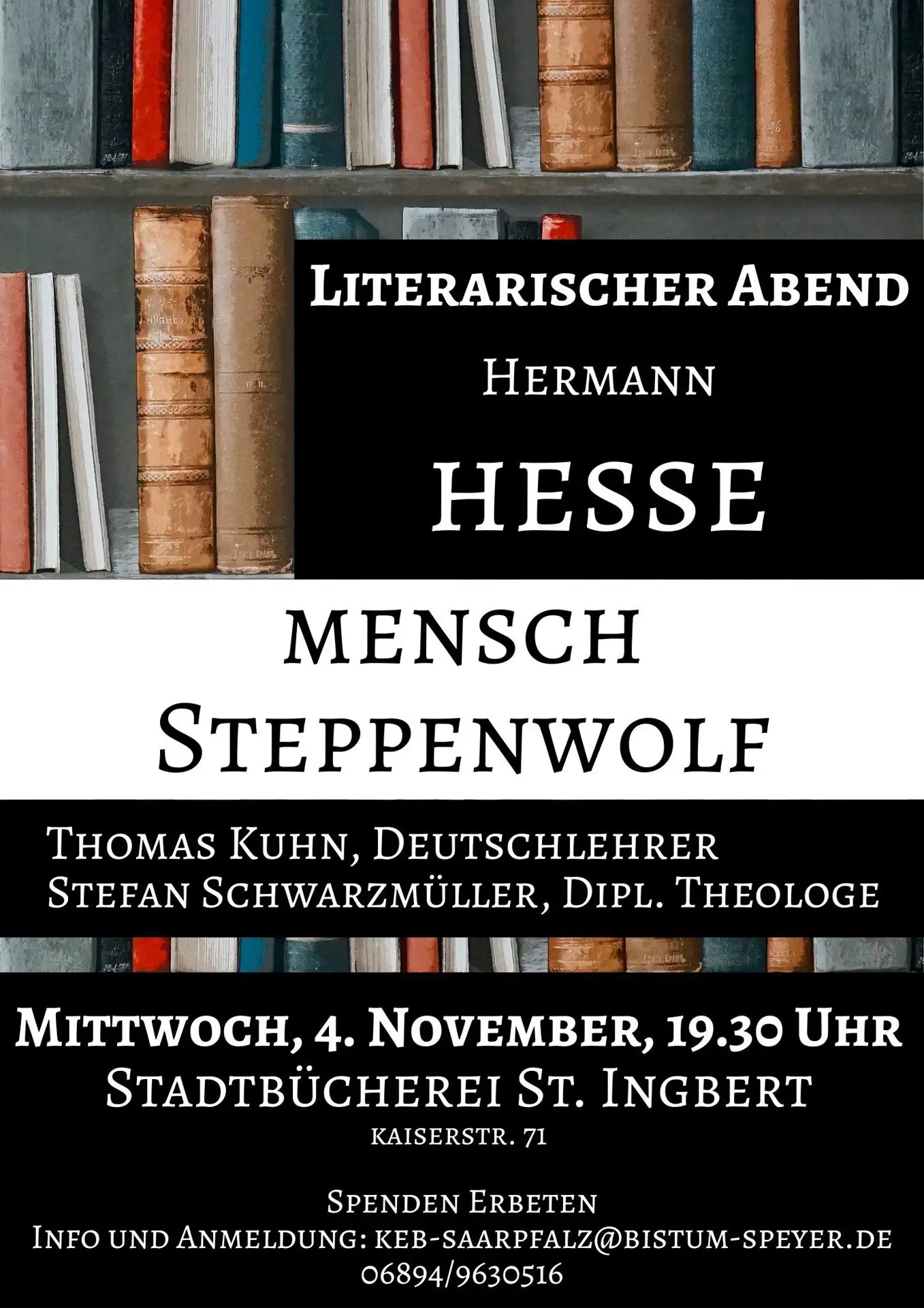 Plakat zum literarischen Abend „Mensch Steppenwolf“ über Hermann Hesse.