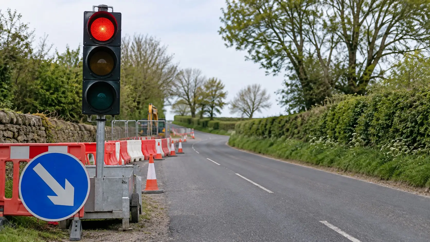 Baustellenampel bei einspuriger Verkehrsführung an einem nicht identifizierbaren Ort.